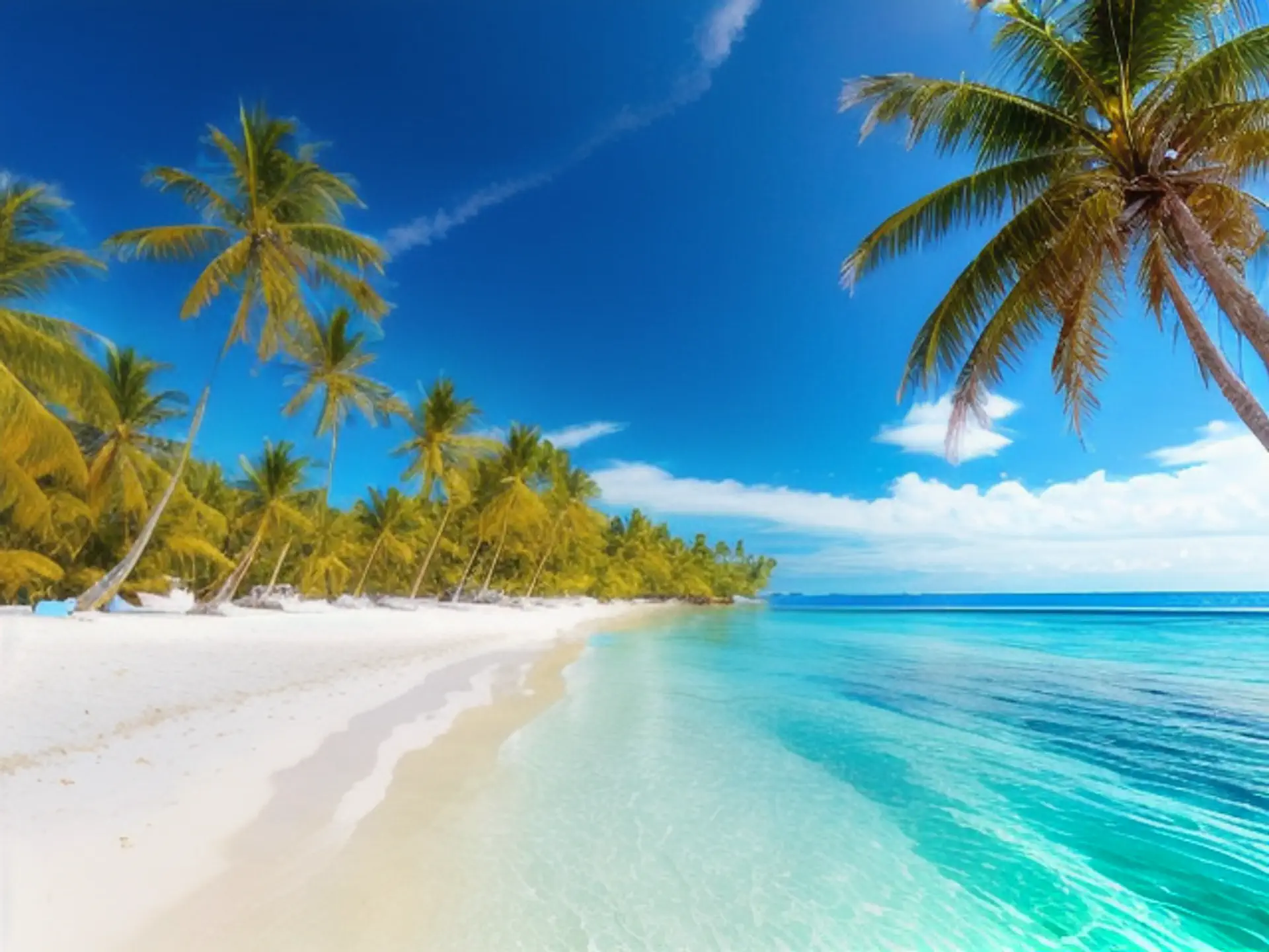 Tropisch paradijs met parelwit strand en wuivende palmbomen aan