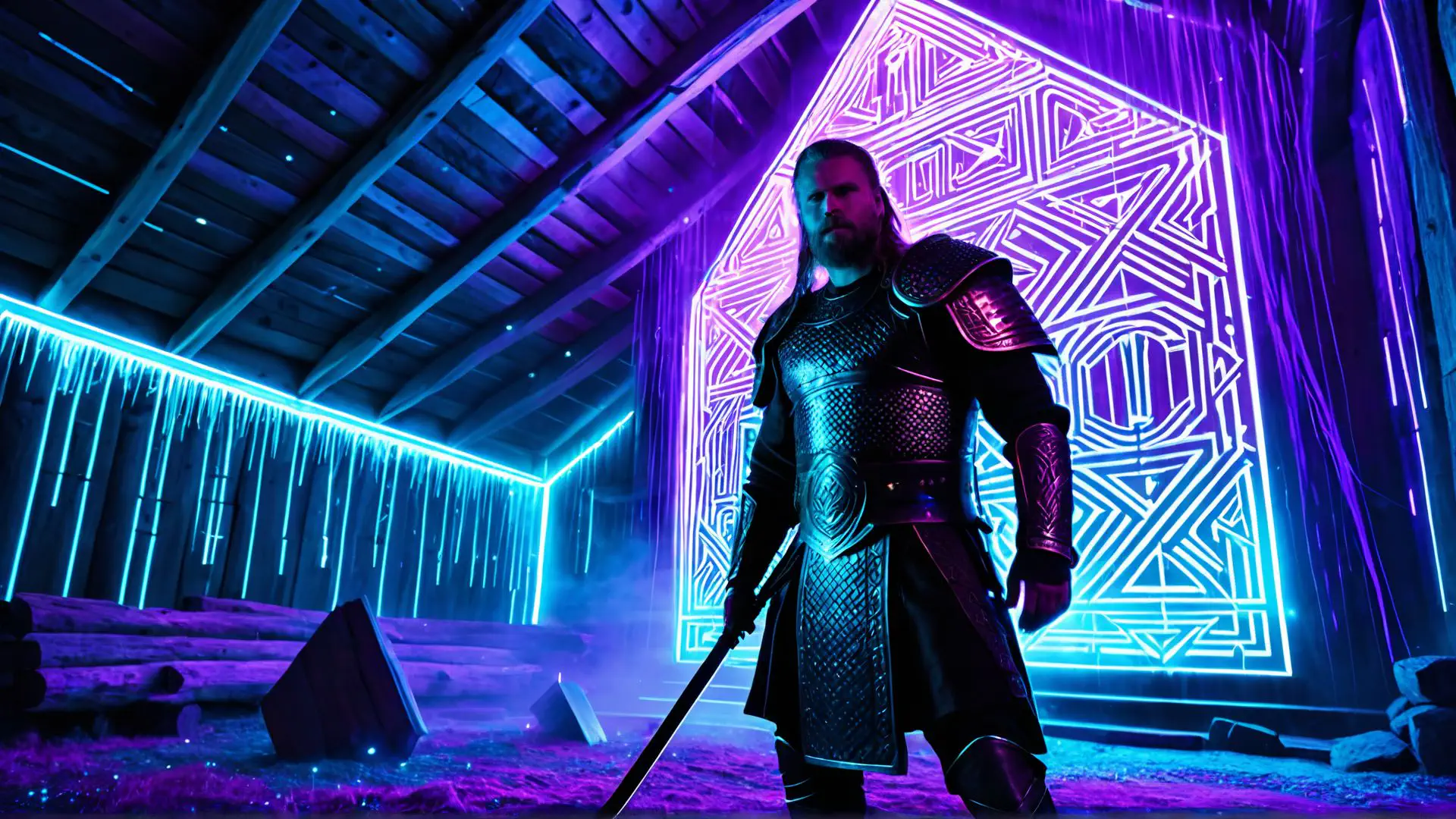 Futuristische krijger in neonverlichte omgeving met mythische patronen