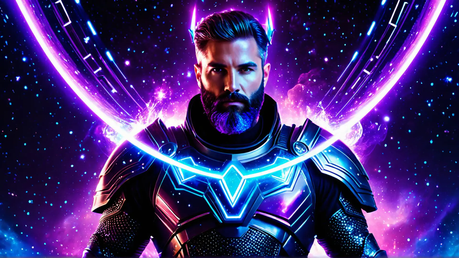 Futuristische krijger in neon verlicht cyberpunk harnas