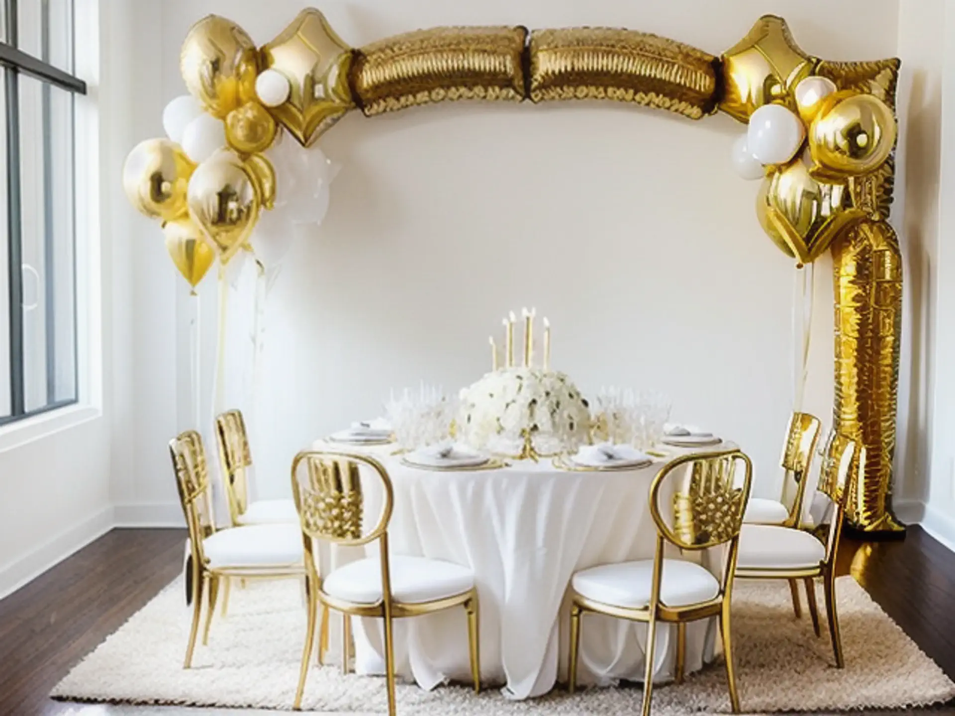 Luxe feestdecoratie met gouden ballonnenboog en elegante