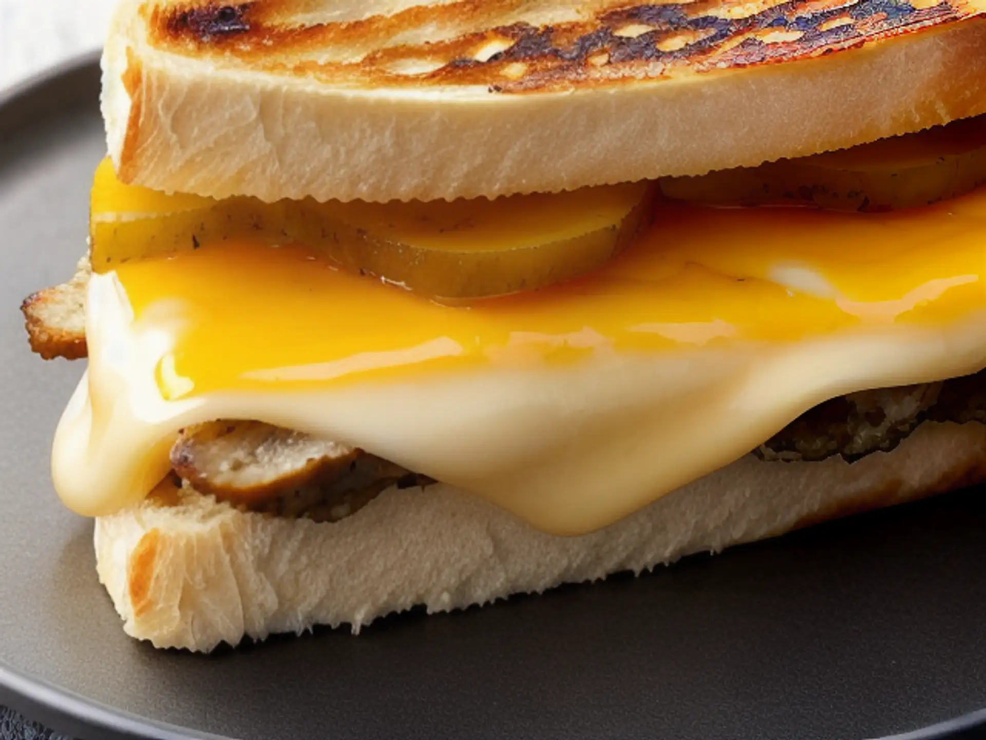 Gegrilde kaastosti met gesmolten cheddar en augurk close-up foto