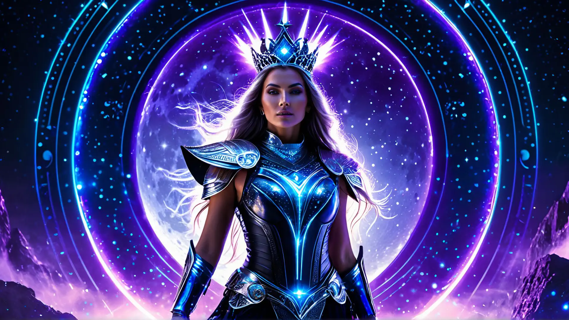 Mystieke krijger in futuristisch harnas voor volle maan fantasy art