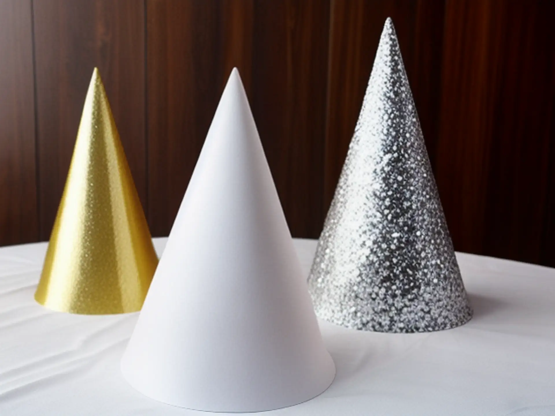 Feestelijke decoratieve kegels in goud, wit en zilver glitter