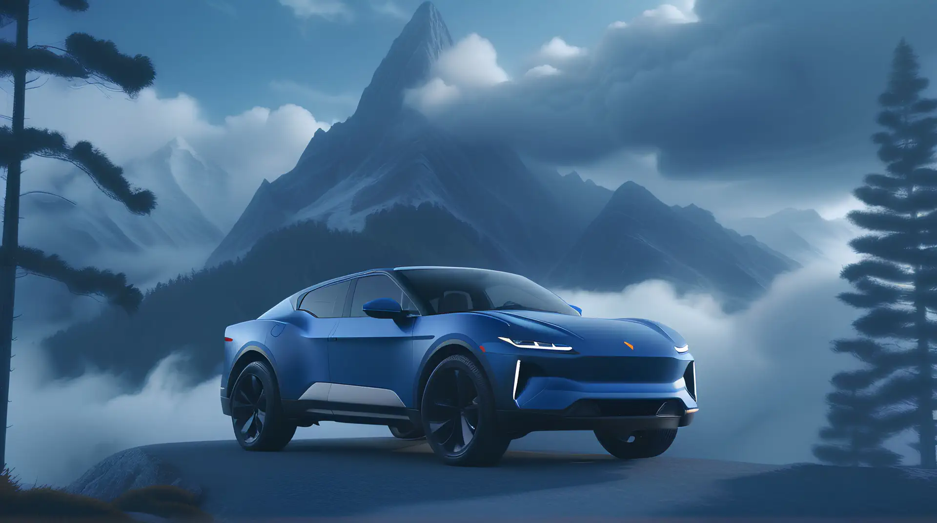 Blauwe Elektrische SUV in Mistig Berglandschap 4K Wallpaper